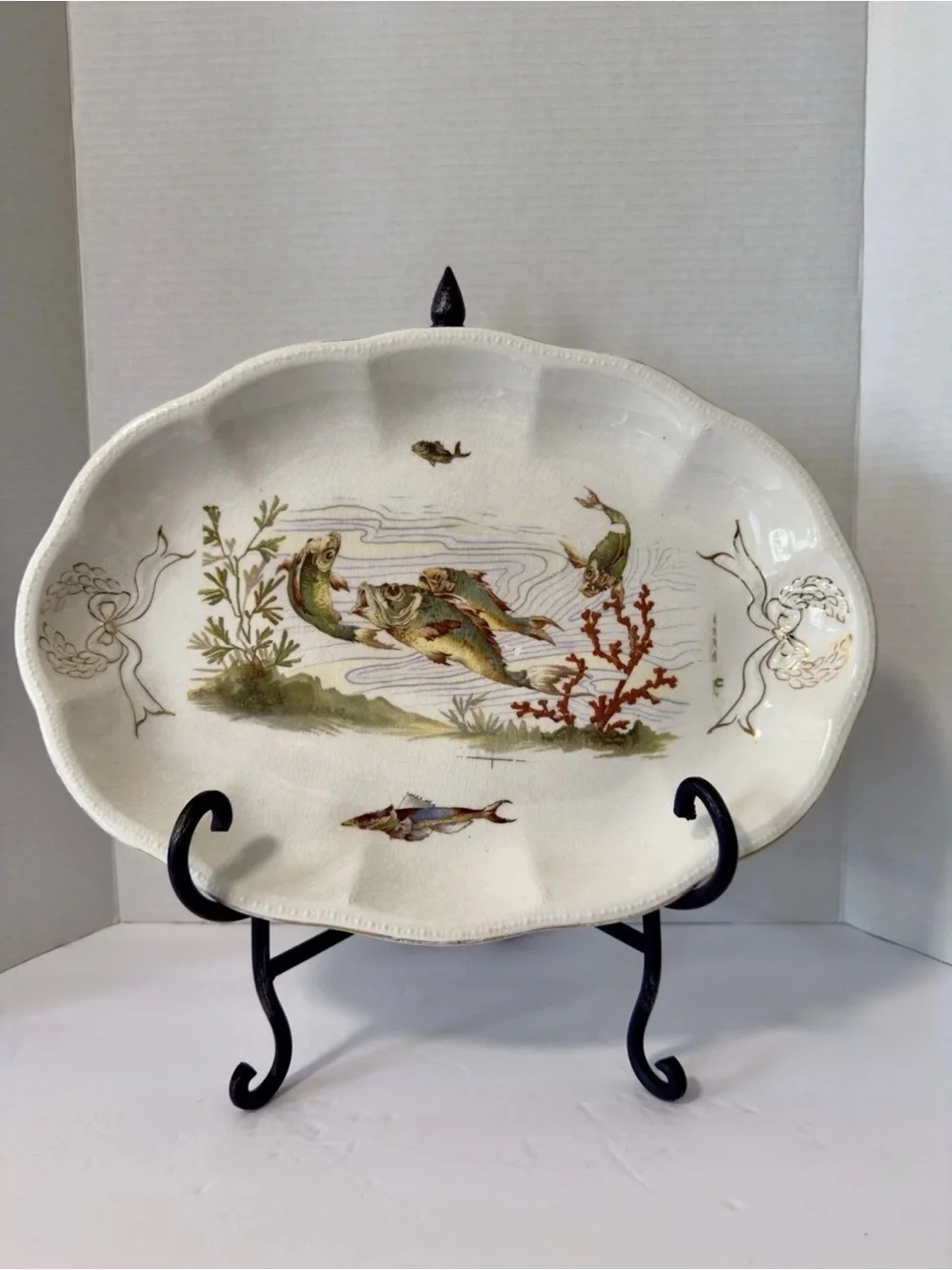Antique Porcelain Fish Serving Platter Scalloped Gilt Transferware